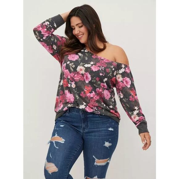 torrid Tops - Torrid Off-Shoulder Lt Weight French Terry Sweatshirt Black Floral